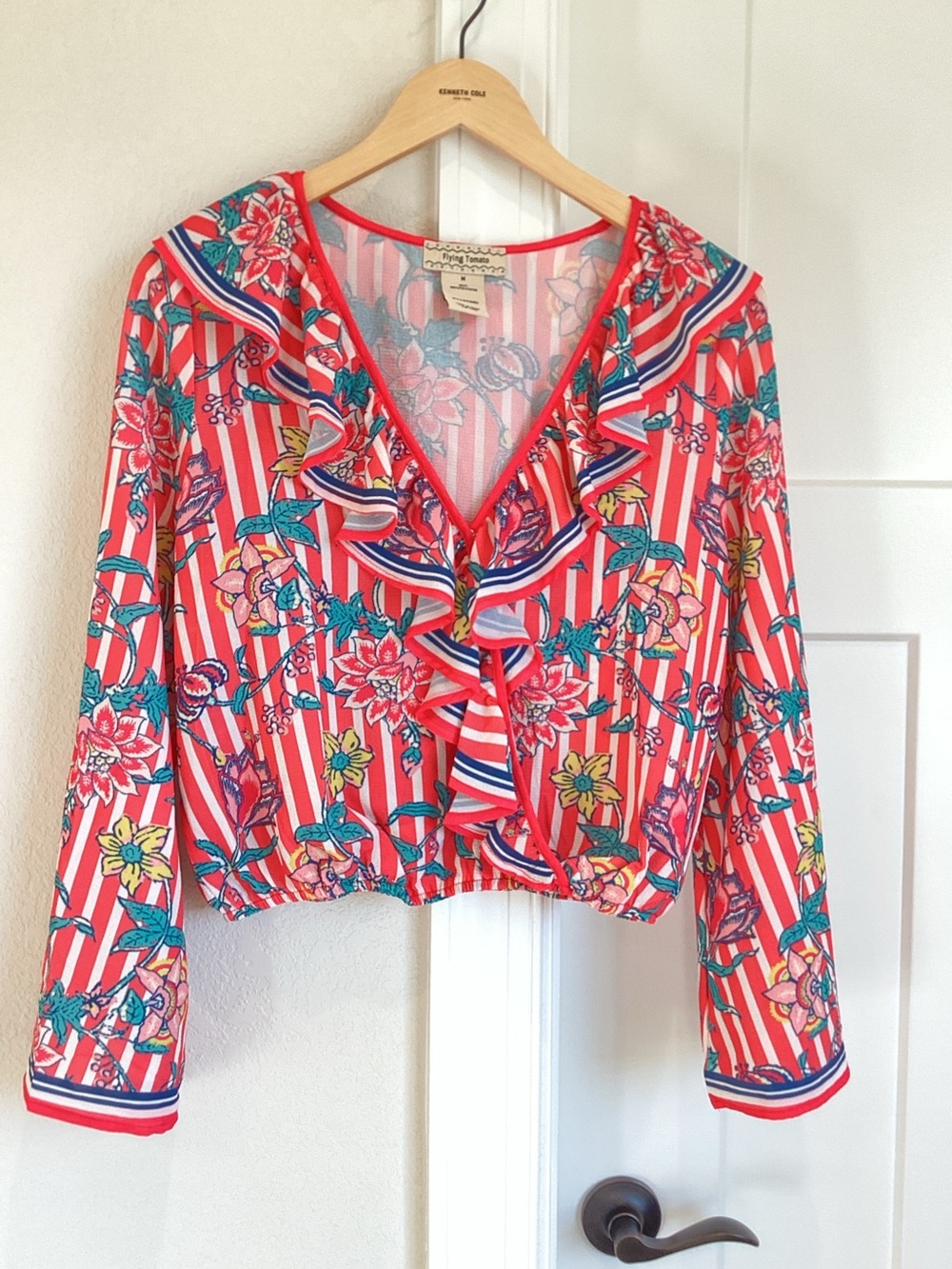 NWOT Flying Tomato Long-Sleeve Faux-Wrap Ruffle Neck Blouse Medium Coral Stripe